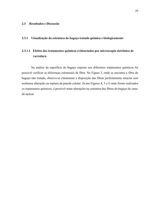39
2.3 Resultados e Discussão
2.3.1 Visualização da estrutura do bagaço tratado química e biologicamente
2.3.1.1 Efeitos dos tratamentos químicos evidenciados por microscopia eletrônica de
varredura
Na análise da superfície do bagaço exposto aos diferentes tratamentos químicos foi
possível verificar as diferenças estruturais da fibra. Na Figura 3, onde se encontra a fibra do
bagaço não tratada, observa-se claramente a disposição das fibras perfeitamente intactas sem
nenhuma alteração ou ruptura da parede celular. Já nas Figuras 4, 5 e 6 onde foram realizados
os tratamentos químicos, é possível notar alterações na estrutura das fibras do bagaço de cana-
de-açúcar.
 
