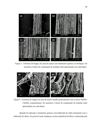 40
(a) (b)
(c) (d)
(a) (b)
(c) (d)
Figura 3 - Estrutura do bagaço de cana-de-açúcar sem tratamento químico ou biológico. Os
aumentos e barras de comparação de medidas estão apresentados em cada figura
(a) (b)(a) (b)
Figura 4 - Estrutura do bagaço de cana de açúcar tratado quimicamente com as bases NaOH e
Ca(OH)2 conjuntamente. Os aumentos e barras de comparação de medidas estão
apresentados em cada figura
Quando foi aplicado o tratamento químico com hidróxido de sódio juntamente com o
hidróxido de cálcio, foi possível notar mudanças na área superficial da fibra, evidenciada pela
 