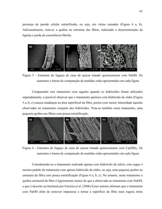 41
presença de parede celular estratificada, ou seja, em várias camadas (Figura 4 a, b).
Adicionalmente, nota-se a quebra na estrutura das fibras, indicando a desestruturação da
lignina e perda da consistência fibrilar.
(a) (b) (c)(a) (b) (c)
Figura 5 - Estrutura do bagaço de cana de açúcar tratado quimicamente com NaOH. Os
aumentos e barras de comparação de medidas estão apresentados em cada figura
Comparando este tratamento com aqueles quando os hidróxidos foram utilizados
separadamente, é possível observar que o tratamento químico com hidróxido de sódio (Figura
5 a, b, c) causou mudanças na área superficial da fibra, porém com menor intensidade àquelas
observadas no tratamento conjunto dos hidróxidos. Nota-se também neste tratamento, uma
pequena quebra nas fibras com pouca estratificação.
(a) (b) (c)(a) (b) (c)
Figura 6 - Estrutura do bagaço de cana de açúcar tratado quimicamente com Ca(OH)2. Os
aumentos e barras de comparação de medidas estão apresentados em cada figura
Considerando-se o tratamento realizado apenas com hidróxido de cálcio, este segue o
mesmo padrão do tratamento com apenas hidróxido de sódio, ou seja, uma pequena quebra na
estrutura da fibra com pouca estratificação (Figura 6 a, b, c). No entanto, neste tratamento a
quebra estrutural da fibra é ligeiramente menor do que a observada no tratamento com NaOH,
o que é descrito na literatura por Ferreira et al. (2006) Esses autores afirmam que o tratamento
com NaOH além de remover impurezas e tornar a superfície da fibra mais rugosa retira
 
