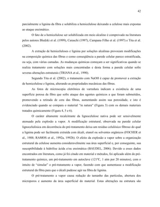 42
parcialmente a lignina da fibra e solubiliza a hemicelulose deixando a celulose mais expostas
ao ataque enzimático.
O fato de a hemicelulose ser solubilizada em meio alcalino é comprovado na literatura
pelos autores Bledzki et al. (1999), Caraschi (1997), Campana Filho et al. (1997) e Tita et al.
(2002).
A extração de hemiceluloses e lignina por soluções alcalinas provocam modificações
na composição química das fibras e como conseqüência a parede celular parece estratificada,
ou seja, com várias camadas. As mudanças químicas começam a ser significativas quando se
realiza tratamento com soluções mais concentradas e desta forma a parede celular sofre
severas alterações estruturais (TRIANA et al., 1990).
Segundo Tita et al. (2002), o tratamento com NaOH é capaz de promover a extração
de hemicelulose e lignina, alterando as propriedades mecânicas das fibras.
As fotos de microscopia eletrônica de varredura indicam a existência de uma
superfície porosa da fibra que sofre ataque dos agentes químicos a que foram submetidos,
promovendo a retirada de cera das fibras, aumentando assim sua porosidade, e isto é
evidenciado quando se compara o material “in natura” (Figura 3) com os demais materiais
tratados quimicamente (Figura 4, 5 e 6).
O caráter altamente recalcitrante da lignocelulose nativa pode ser sensivelmente
atenuado pela explosão a vapor. A modificação estrutural, observada na parede celular
lignocelulósica em decorrência do pré-tratamento deixa um resíduo celulósico fibroso do qual
a lignina pode ser facilmente extraída com álcali, etanol ou solventes orgânicos (FOCHER et
al., 1988; RAMOS et al., 1992a, 1992b). O efeito da explosão a vapor sobre a organização
estrutural da celulose aumenta consideravelmente sua área superficial e, por conseguinte, sua
susceptibilidade à hidrólise ácida e/ou enzimática (BAUDEL, 2006). Devido a esses dados
encontrados em literatura, como já foi citado em material e métodos, foi aplicado além do pré-
tratamento químico, um pré-tratamento em autoclave (121ºC, 1 atm por 20 minutos), com o
intuito de “simular” o pré-tratamento a vapor, fazendo com que aumentasse a modificação
estrutural da fibra para que o álcali pudesse agir na fibra de lignina.
O pré-tratamento a vapor causa redução do tamanho das partículas, abertura dos
microporos e aumento da área superficial do material. Estas alterações na estrutura são
 