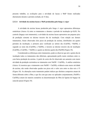 50
presente trabalho, as avaliações para a atividade de lacase e MnP foram realizadas
diariamente durante o período avaliado, de 15 dias.
2.3.3.1 Atividade da enzima lacase e MnP produzidas pelo fungo A. niger
A atividade da enzima lacase produzida pelo fungo A. niger apresentou diferenças
estatísticas (Anexo A) entre os tratamentos e durante o período de incubação (p<0,05). No
controle (bagaço sem tratamento), a atividade da enzima lacase apresentou um pequeno pico
de produção somente no décimo terceiro dia de incubação. Com relação aos demais
tratamentos, foram observados dois picos de produção da enzima, distribuídos em quatro
períodos da incubação; o primeiro pico verificado ao sétimo dia (Ca(OH)2 +NaOH), o
segundo ao nono dia (Ca(OH)2 e NaOH), o terceiro ao décimo terceiro dia de incubação
(Ca(OH)2 e Ca(OH)2 + NaOH) e o quarto ao décimo quarto dia (NaOH) (Figura 10).
Considerando as diferenças entre tratamentos, pode-se observar que até o quinto dia de
incubação todos os tratamentos não diferiram, apresentando perfis muito similares entre si,
com baixa produção da enzima. A partir do sexto dia foi observado um aumento com maior
atividade da produção enzimática no tratamento com NaOH + Ca(OH)2. A análise estatística
(Anexo A) mostrou que o tratamento com NaOH + Ca(OH)2 evidencia uma maior atividade
da enzima, não sendo observadas quedas nos picos até o valor zero entre os dias seis e 15
(Figura 10). As alterações neste tratamento podem indicar que distintos compostos atuam de
forma diferente sobre a fibra, o que faz com que uma vez aplicados conjuntamente, (NaOH e
Ca(OH)2) atuem de maneira somatória na desestruturação da fibra de lignina do bagaço da
cana-de-açúcar (Figura 10).
 