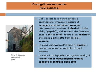 L’evangelizzazione rurale.
                            Pievi e diocesi


                           Dal V secolo le comunità cittadine
                            cominciarono un’opera massiccia di
                            evangelizzazione delle campagne
                            attraverso la creazione di pievi (dal latino
                            plebs, “popolo”), cioè territori che facevano
                            capo a chiese rurali dotate di un battistero,
                            che erano poste sotto l’autorità del
                            vescovo.
                           Le pievi sorgevano all’interno di diocesi, i
                            territori sottoposti al controllo di ogni
                            vescovo.
Pieve di S. Jacopo,        Le diocesi corrispondevano, grosso modo, ai
provincia di
Lucca                       territori che in epoca imperiale erano
                            soggette al controllo delle città.
 