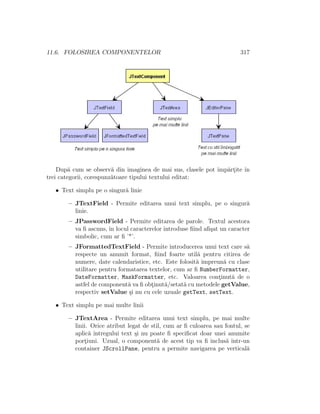 11.6. FOLOSIREA COMPONENTELOR                                            317




    Dup˘ cum se observ˘ din imaginea de mai sus, clasele pot ˆ artite ˆ
        a                a                                   ımp˘ ¸ ın
trei categorii, corespunz˘toare tipului textului editat:
                         a

   • Text simplu pe o singur˘ linie
                            a

       – JTextField - Permite editarea unui text simplu, pe o singur˘
                                                                    a
         linie.
       – JPasswordField - Permite editarea de parole. Textul acestora
         va ﬁ ascuns, ˆ locul caracterelor introduse ﬁind aﬁ¸at un caracter
                      ın                                    s
         simbolic, cum ar ﬁ ’*’.
       – JFormattedTextField - Permite introducerea unui text care s˘    a
         respecte un anumit format, ﬁind foarte util˘ pentru citirea de
                                                       a
         numere, date calendaristice, etc. Este folosit˘ ˆ
                                                       a ımpreun˘ cu clase
                                                                 a
         utilitare pentru formatarea textelor, cum ar ﬁ NumberFormatter,
         DateFormatter, MaskFormatter, etc. Valoarea continut˘ de o
                                                               ¸   a
         astfel de component˘ va ﬁ obtinut˘/setat˘ cu metodele getValue,
                             a        ¸    a      a
         respectiv setValue ¸i nu cu cele uzuale getText, setText.
                              s

   • Text simplu pe mai multe linii

       – JTextArea - Permite editarea unui text simplu, pe mai multe
         linii. Orice atribut legat de stil, cum ar ﬁ culoarea sau fontul, se
         aplic˘ ˆ
               a ıntregului text ¸i nu poate ﬁ speciﬁcat doar unei anumite
                                 s
         portiuni. Uzual, o component˘ de acest tip va ﬁ inclus˘ ˆ
             ¸                            a                        a ıntr-un
         container JScrollPane, pentru a permite navigarea pe vertical˘     a
 