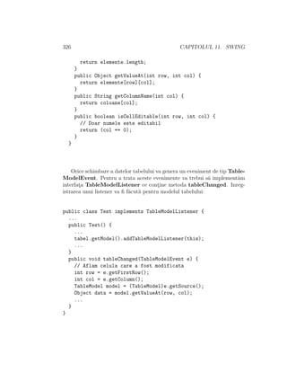 326 CAPITOLUL 11. SWING
return elemente.length;
}
public Object getValueAt(int row, int col) {
return elemente[row][col];
}
public String getColumnName(int col) {
return coloane[col];
}
public boolean isCellEditable(int row, int col) {
// Doar numele este editabil
return (col == 0);
}
}
Orice schimbare a datelor tabelului va genera un eveniment de tip Table-
ModelEvent. Pentru a trata aceste evenimente va trebui s˘a implement˘am
interfat¸a TableModelListener ce cont¸ine metoda tableChanged. Inreg-
istrarea unui listener va ﬁ f˘acut˘a pentru modelul tabelului:
public class Test implements TableModelListener {
...
public Test() {
...
tabel.getModel().addTableModelListener(this);
...
}
public void tableChanged(TableModelEvent e) {
// Aflam celula care a fost modificata
int row = e.getFirstRow();
int col = e.getColumn();
TableModel model = (TableModel)e.getSource();
Object data = model.getValueAt(row, col);
...
}
}
 