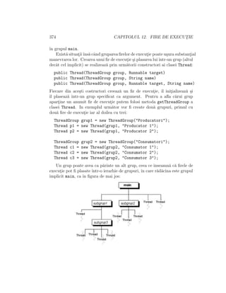374 CAPITOLUL 12. FIRE DE EXECUT¸IE
ˆın grupul main.
Exist˘a situat¸iiˆıns˘a cˆand gruparea ﬁrelor de execut¸ie poate u¸sura substant¸ial
manevrarea lor. Crearea unui ﬁr de execut¸ie ¸si plasarea luiˆıntr-un grup (altul
decˆat cel implicit) se realizeaz˘a prin urm˘atorii constructori ai clasei Thread:
public Thread(ThreadGroup group, Runnable target)
public Thread(ThreadGroup group, String name)
public Thread(ThreadGroup group, Runnable target, String name)
Fiecare din ace¸sti costructori creeaz˘a un ﬁr de execut¸ie, ˆıl init¸ializeaz˘a ¸si
ˆıl plaseaz˘a ˆıntr-un grup speciﬁcat ca argument. Pentru a aﬂa c˘arui grup
apart¸ine un anumit ﬁr de execut¸ie putem folosi metoda getThreadGroup a
clasei Thread. In exemplul urm˘ator vor ﬁ create dou˘a grupuri, primul cu
dou˘a ﬁre de execut¸ie iar al doilea cu trei:
ThreadGroup grup1 = new ThreadGroup("Producatori");
Thread p1 = new Thread(grup1, "Producator 1");
Thread p2 = new Thread(grup1, "Producator 2");
ThreadGroup grup2 = new ThreadGroup("Consumatori");
Thread c1 = new Thread(grup2, "Consumator 1");
Thread c2 = new Thread(grup2, "Consumator 2");
Thread c3 = new Thread(grup2, "Consumator 3");
Un grup poate avea ca p˘arinte un alt grup, ceea ce ˆınseamn˘a c˘a ﬁrele de
execut¸ie pot ﬁ plasate ˆıntr-o ierarhie de grupuri, ˆın care r˘ad˘acina este grupul
implicit main, ca ˆın ﬁgura de mai jos:
 