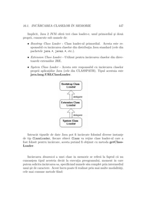16.1. INC ˘ARCAREA CLASELOR ˆIN MEMORIE 447
Implicit, Java 2 JVM ofer˘a trei class loader-e, unul primordial ¸si dou˘a
proprii, cunoscute sub numele de:
• Boostrap Class Loader - Class loader-ul primordial. Acesta este re-
sponsabil cu ˆınc˘arcarea claselor din distribut¸ia Java standard (cele din
pachetele java.*, javax.*, etc.).
• Extension Class Loader - Utilizat pentru ˆınc˘arcarea claselor din direc-
toarele extensiilor JRE.
• System Class Loader - Acesta este responsabil cu ˆınc˘arcarea claselor
proprii aplicat¸iilor Java (cele din CLASSPATH). Tipul acestuia este
java.lang.URLClassLoader.
Intrucˆat tipurile de date Java pot ﬁ ˆınc˘arcate folosind diverse instant¸e
de tip ClassLoader, ﬁecare obiect Class va ret¸ine class loader-ul care a
fost folosit pentru ˆınc˘arcare, acesta putˆand ﬁ obt¸inut cu metoda getClass-
Loader.
Inc˘arcarea dinamic˘a a unei clase ˆın memorie se refer˘a la faptul c˘a nu
cunoast¸em tipul acesteia decˆat la execut¸ia preogramului, moment ˆın care
putem solicitaˆınc˘arcarea sa, speciﬁcˆand numele s˘au complet prin intermediul
unui ¸sir de caractere. Acest lucru poate ﬁ realizat prin mai multe modalit˘at¸i,
cele mai comune metode ﬁind:
 
