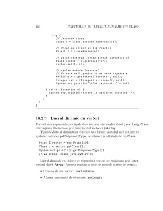 460 CAPITOLUL 16. LUCRUL DINAMIC CU CLASE
try {
// Incarcam clasa
Class c = Class.forName(numeFunctie);
// Cream un obiect de tip Functie
Object f = c.newInstance ();
// Setam vectorul (setam direct variabila v)
Field vector = c.getField("v");
vector.set(f, v);
// Apelam metoda ’executa ’
// Folosim null pentru ca nu avem argumente
Method m = c.getMethod("executa", null);
Integer ret = (Integer) m.invoke(f, null);
System.out.println("nCod returnat: " + ret);
} catch (Exception e) {
System.err.println("Eroare la apelarea functiei !");
}
}
}
}
16.2.3 Lucrul dinamic cu vectori
Vectorii sunt reprezentat¸i ca tip de date tot prin intermediul clasei java.lang.Class,
diferent¸ierea f˘acˆandu-se prin intermediul metodei isArray.
Tipul de date al elementelor din care este format vectorul va ﬁ obt¸inut cu
ajutorul metodei getComponentType, ce ˆıntoarce o referint¸˘a de tip Class.
Point []vector = new Point[10];
Class c = vector.getClass();
System.out.println(c.getComponentType());
// Va afisa: class java.awt.Point
Lucrul dinamic cu obiecte ce reprezint˘a vectori se realizeaz˘a prin inter-
mediul clasei Array. Aceasta cont¸ine o serie de metode statice ce permit:
• Crearea de noi vectori: newInstance
• Aﬂarea num˘arului de elemente: getLength
 