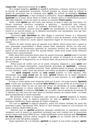 corpul duh - împrumută lumina de la spirit. 
De-a lungul timpului, spiritul îşi modifică strălucirea, culoarea, mirosul şi sunetul, 
în funcţie de experienţele acumulate. Trebuie precizat că, atunci când ne referim la 
gradul de maturitate sau la culoarea unui spirit, nu trebuie să înţelegem sămânţa 
primordială a spiritului, ci doar învelişul ei strălucitor. Despre sămânţa primordială a 
spiritului nu se poate spune decât că există: ea rămâne mereu în beatitudinea propriei 
sale stări originare, ce nu are nimic în comun cu tumultul Terrei aurica. 
Astfel, unele spirite par mai vechi, mai mature, în timp ce altele par mai tinere. Cu 
fiecare încarnare, structura energetică a spiritului - manifestată prin culoare, 
luminozitate, sunet şi miros - se modifică, devenind din ce în ce mai elevată. La 
începutul încarnărilor, sunetul emis de spirit este asemănător cu cel emis de mii de 
tunete ce se succed aritmie, iar la sfârşitul încarnărilor este asemănător unei ape line, 
ce curge domol, ritmic şi liniştit. 
Cercetarea prin clarvedere de către Eugen a structurii interne şi a dispunerii 
spiritului la o largă categorie de oameni a reliefat o serie de deosebiri; aceste deosebiri 
pot clarifica, la rândul lor, multe aspecte importante legate de structura aurică a fiinţei 
umane. 
Înainte de toate trebuie spus că oamenii sunt diferiţi. Omul însuşi este o specie în 
sine, principala caracteristică a fiinţei umane fiind unicitatea: fiecare om este unic. 
Totuşi, dincolo de diversitatea generată de unicitatea fiecărui om, trebuie constatat 
faptul că toţi oamenii fac parte din aceeaşi familie, astfel încât există multe elemente 
comune care-i caracterizează. 
Astfel, dată fiind varietatea foarte mare de oameni încarnaţi, spiritul poate fi cercetat 
din mai multe puncte de vedere: din punctul de vedere al structurii şi al culorii, din 
punctul de vedere al dispunerii şi, nu în ultimul rând, din punctul de vedere al capacităţii 
de a fi mântuit. 
Primul punct de vedere este cel al culorii. Culoarea originară a unui spirit este 
argintie. De-a lungul încarnărilor, caracteristicile principale ale spiritului - culoarea, 
sunetul şi mirosul - se modifică neîncetat. Toate spiritele suferă un proces de acoperire 
cu noxe karmice, astfel încât toţi oamenii care trăiesc pe pământ au spiritul acoperit. 
Un spirit acoperit posedă un corp cauzal acoperit cu noxe karmice. Prin 
intermediul unui corp cauzal plin de noxe, spiritul omului nu se poate manifesta 
plenar. Cu cât corpul cauzal este mai încărcat cu noxe karmice, cu atât spiritul se 
manifestă mai puţin. 
În timp ce unele spirite sunt acoperite, altele pot fi pure - cel puţin teoretic. Spiritele 
pure, curate sau neacoperite, nu posedă linie divină şi nu au nevoie să se încarneze în 
lumea materială. Poate că nici nu mai este nevoie să specificăm că aceste spirite nu 
există actualmente în lumea materială. În Terra aurica, doar cel denumit în limba 
akhatakha Merath, în traducere Cel Iubit, are un suflet curat în proporţie de aproape 90 
%. Spiritul său este ceva mai mare decât al celorlalţi oameni, de culoare verde - un verde 
fără corespondenţă în lumea materială. 
Din punctul de vedere al dispunerii, unii oameni au spiritul amplasat în dreptul 
chakrei anahata, chiar în mijlocul pieptului, iar alţii au spiritul cam la o palmă 
deasupra ombilicului, foarte aproape de chakra manipura. 
Cei care au spiritul în mijlocul pieptului, puţin sub chakra anahata, fac parte din 
generaţia a patra. Aproximativ 80%, dintre ei sunt botezaţi creştini şi s-au încarnat cel 
puţin o dată în ultimii 2000 de ani. 
Oamenii care au spiritul poziţionat deasupra ombilicului, în apropierea chakrei 
manipura, sunt în marea lor majoritate necreştini sau sunt creştini care se încarnează 
pentru prima oară după 2000 de ani - după modificările aurice produse prin Întruparea 
lui Iisus Hristos. Această ultimă categorie de spirite nu au culorile atât de rafinate 
precum ale celor din prima categorie. 
După capacitatea de a fi mântuite, spiritele se împart în mai multe categorii: spirite 
17 
 