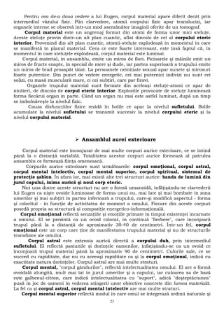 Pentru cea de-a doua vedere a lui Eugen, corpul material apare diferit decât prin 
intermediul văzului fizic. Plin clarvedere, atomii corpului fizic apar translucizi, iar 
organele interne se observă într-un mod asemănător imaginii oferite de un tomograf. 
Corpul material este un angrenaj format din atomi de forma unor mici steluţe. 
Aceste steluţe provin dintr-un alt plan cuantic, aflat dincolo de cel al corpului eteric 
interior. Provenind din alt plan cuantic, atomii-steluţe explodează în momentul în care 
se manifestă în planul material. Ceea ce este foarte interesant, este însă faptul că, în 
momentul în care steluţele explodează, corpul material este luminat. 
Corpul material, în ansamblu, emite un miros de flori. Picioarele şi mâinile emit un 
miros de fructe coapte, în special de mere şi dude, iar partea superioară a trupului emite 
un miros de brad proaspăt tăiat. La persoanele neiniţiate sexual apar sunete şi mirosuri 
foarte puternice. Din punct de vedere energetic, cei mai puternici indivizi nu sunt cei 
solizi, cu masă musculară mare, ci cei subţiri, care par firavi. 
Organele trupului material sunt formate din aceleaşi steluţe-atomi ce apar de 
nicăieri, de dincolo de corpul eteric interior. Exploziile provocate de steluţe luminează 
forma fiecărui organ în parte. Când un organ nu mai este astfel luminat, după un timp 
se îmbolnăveşte la nivelul fizic. 
Cauza disfuncţiilor fizice rezidă în bolile ce apar la nivelul sufletului. Bolile 
acumulate la nivelul sufletului se transmit succesiv la nivelul corpului eteric şi la 
nivelul corpului material. 
 Ansamblul aurei exterioare 
Corpul material este înconjurat de mai multe corpuri aurice exterioare, ce se întind 
până la o distanţă variabilă. Totalitatea acestor corpuri aurice formează al patrulea 
ansamblu ce formează fiinţa omenească. 
Corpurile aurice exterioare sunt următoarele: corpul emoţional, corpul astral, 
corpul mental intelectiv, corpul mental superior, corpul spiritual, sistemul de 
protecţie şablon. În afara lor, mai există alte trei structuri aurice: banda de lumină din 
jurul capului, inima aurică şi noul corp eteric. 
Nici una dintre aceste structuri nu are o formă umanoidă, înfăţişându-se clarvederii 
lui Eugen ca nişte ovoide luminoase de forma unui ou, mai late şi mai bombate în zona 
umerilor şi mai subţiri în partea inferioară a trupului, care-şi modifică aspectul - forma 
şi coloritul - în funcţie de activitatea de moment a omului. Fiecare din aceste corpuri 
posedă propria sa structură şi compoziţie energetico-informaţională. 
Corpul emoţional reflectă senzaţiile şi emoţiile primare în timpul existenţei încarnate 
a omului. El se prezintă ca un ovoid colorat, în continuă "fierbere", care înconjoară 
trupul până la o distanţă de aproximativ 30-40 de centimetri. Într-un fel, corpul 
emoţional este un corp care ţine de manifestarea trupului material şi nu de structurile 
transfizice ale omului. 
Corpul astral este extensia aurică directă a corpului duh, prin intermediul 
sufletului. El reflectă pasiunile şi dorinţele oamenilor, înfaţişându-se ca un ovoid ce 
înconjoară trupul material până la aproximativ 90 de centimetri. Culorile sale, ce se 
succed cu rapiditate, dar nu cu aceeaşi rapiditate ca şi la corpul emoţional, indică cu 
exactitate natura dorinţelor. Corpul astral are mai multe straturi. 
Corpul mental, "corpul gândurilor", reflectă intelectualitatea omului. El are o formă 
ovoidală alungită, mult mai lat în jurul umerilor şi a capului, iar culoarea sa de bază 
este galbenul-citron, care indică intelectualitatea cu "suport", adică "deşteptăciunea" 
pusă în joc de oameni în vederea atingerii unor obiective concrete din lumea materială. 
La fel ca şi corpul astral, corpul mental intelectiv are mai multe straturi. 
Corpul mental superior reflectă modul în care omul se integrează ordinii naturale şi 
23 
 