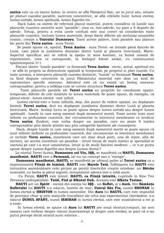 aurica este ca un imens balon: în centru se află Pământul fizic, iar în jurul său, situate 
pe planuri cuantice paralele, oarecum concentrice, se află celelalte lumi: lumea eterică, 
lumea astrală, lumea spirituală, lumea Îngerilor etc. 
Dacă luăm ca sistem de referinţă planul material, putem considera că lumile sau 
planurile cuantice amintite sunt "paralele", ceea ce, într-adevăr, nu pare a fi departe de 
adevăr. Totuşi, pentru a evita unele confuzii este mai corect să considerăm toate 
planurile cuantice, inclusiv lumea materială, drept faţete diferite ale aceluiaşi ansamblu 
cosmic, creaţie a Unicului Dumnezeu. Toate aceste paliere, lumi paralele sau planuri 
fac parte din Terra aurica - aura Terrei. 
Se poate spune că, spaţial, Terra Aurica - aura Terrei -se întinde până dincolo de 
Lună, cam până la jumătatea distanţei dintre Lună şi planeta învecinată, Marte. 
Aspectul specificat aici se referă la spaţiu în sens kantian, ca formă umană de 
reprezentare, ceea ce corespunde, în limbajul folosit astăzi, cu continuumul 
spaţiotemporal 3+1. 
Fiecare dintre "lumile paralele" ce formează Terra Aurica - eteric, astral, spiritual etc 
- se află în propria sa dimensiune spaţială şi temporală, pe propriul ei plan cuantic. Cu 
toate acestea, a interpreta planurile cuantice distincte, "lumile" ce formează Terra aurica, 
ca fiind dispuse concentric în jurul Pământului material este doar un mod de 
reprezentare specific omenesc. Adevărul este că nu există un limbaj omenesc 
corespunzător, pentru a înfăţişa cum se cuvine structura Terrei aurica. 
Toate planurile paralele ale Terrei aurica au propriile lor coordonate spaţio-temporale, 
diferite de cele întâlnite în lumea materială. Se poate spune, de exemplu, că 
planul eteric - lumea eterică - este infinit. 
Lumea eterică este o lume infinită, deşi, din punct de vedere spaţial, nu depăşeşte 
limitele Terrei aurica, deci nu depăşeşte jumătatea distanţei dintre Lună şi planeta 
învecinată, Marte. Acelaşi lucru se poate spune despre lumea astrală sau despre lumea 
spirituală - lumile în care merg oamenii după momentul morţii. Toate aceste lumi sunt 
infinite ca profunzime cuantică, dar circumscrise în interiorul membranei ce învăluie 
Terra aurica. Evident, este vorba despre un paradox, care nu poate fi înţeles 
corespunzător prin datele ştiinţei sau prin categoriile kantiene ale cunoaşterii. 
Dacă, despre lumile în care merg oamenii după momentul morţii se poate spune că 
sunt infinite (infinite ca profunzime cuantică, dar circumscrise în interiorul membranei 
ce închide Terra aurica, membrană care are doar două porţi, una de ieşire, alta de 
intrare), iar acesta constituie un paradox - intuit totuşi de marii mistici şi specialişti ai 
sacrului pe care i-a avut umanitatea, intuit şi de mulţi fizicieni moderni -, ce s-ar putea 
spune despre Lumea Îngerilor sau despre Lumea divină ? 
La nivelul Terrei Aurica, Dumnezeu cel Viu, IŞŞ, se manifestă ca HAUTI, Dumnezeu 
manifestat. HAUTI este o Persoană, iar nu un concept sau o "energie". 
Dumnezeu manifestat, HAUTI, se manifestă pe ultimul palier al Terrei aurica ca o 
impresionantă Fiinţă de lumină. HAUTI este Marele Tată. Înfăţişarea lui HAUTI este 
întrucâtva asemănătoare celei pictate pe pereţii bisericilor creştin ortodoxe: un Bătrân 
venerabil, cu barba şi părul argintii, înveşmântat adesea într-o robă aurie. 
Ca Fiinţă, HAUTI este întreit. HAUTI, ca Fiinţă întreită, cuprinde în Sine Trei 
Persoane nedespărţibile: Tatăl, Fiul şi Sfântul Duh. Aceasta este Sfânta Treime. 
HAUTI are un Spirit - esenţă din esenţa lui IŞŞ - un Suflet, şi o Aură. Din Sămânţa 
Sufletului lui HAUTI s-a născut, înainte de veac, Unicul Său Fiu, numit SHONAH în 
lumea eterică şi HRISTOS în lumea oamenilor. Din Aura lui HAUTI, care este imposibil 
de perceput chiar şi prin simţurile transfizice ale celui mai experimentat clarvăzător, s-a 
născut DUHUL SFÂNT, numit IEHIHAH în lumea eterică, care este susţinătorul a tot şi 
a toate. 
În lumea eterică, se spune că Aura lui HAUTI are nouă straturi/corpuri, iar acei 
oameni care vorbesc despre viziuni dumnezeieşti şi despre unio mistica, se pare că n-au 
putut percepe decât stratul auric exterior... 
31 
 