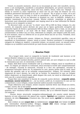 Uneori, în anumite momente, omul nu se recunoaşte pe sine: este nesuferit, nervos, 
simte o ură nestăpânită, manifestă o sexualitate debordantă, are porniri meschine sau 
masochiste. Alteori, dimpotrivă, omul este bun, iubitor, fericit, voios sau "deştept". Iar 
stările se succed cu mare repeziciune şi omul nici nu are timp să remarce că s-au 
modificat parametrii funcţionali şi nu ştie ce l-a apucat. "Nu te pune cu mine, că te pui 
cu dracu", spune unul, în timp ce altul se aseamănă cu "diavolul" şi, pe deasupra, se 
comportă ca atare. Şi nici nu bănuiesc ce dreptate au, căci, în definitiv, Ashpan au o 
pondere însemnată în structura umană. Nivelul evolutiv, conştiinţa şi gradul de 
maturitate sunt elementele principale care împing omul să se lase influenţat de fiinţele 
Ashpan şi să se comporte ca atare. 
În decursul vieţii, un om are "în chirie" între 300 şi 600 de fiinţe Ashpan. Cu alte 
cuvinte, de corpurile aurice derivate ale unui om se lipesc particulele energetice ale 
corpurilor lipsite de formă a aproximativ 600 de fiinţe Ashpan. Într-o viaţă, un om poate 
conştientiza atributele a cel mult 100 de fiinţe Ashpan. Când omul reuşeşete să 
conştientizeze un defect sau un viciu, eliberează un Ashpan, care dispare subit din aură. 
În acel moment, omul s-a eliberat de un un prost obicei sau de un viciu. Totodată, omul 
are aura mai curată. 
La fel ca şi amprentele umane, Ashpan au, fiecare, caracteristici specifice, care se 
manifestă ca luminozitate, culoare, miros şi sunet. Fiecărui sentiment îi corespunde o 
categorie de Ashpan şi, implicit, o anumită culoare, un anumit sunet, un anumit miros. 
Ashpan nu-şi modifică caracteristicile pe toată durata existenţei încarnate a omului. 
 Moartea Vieţii 
De-a lungul vieţii, omul se comportă în funcţie de tendinţele sale karmice şi de 
natura fiinţelor Ashpan cu care intră în rezonanţă aurică. 
Omul, ca circuit oscilant deschis, potrivit naturii sale, are acei Ashpan cu care se află 
în rezonanţă şi pe care, în consecinţă, îi merită. 
Iniţial, dată fiind natura tendinţelor sale şi a fiinţelor Ashpan, omul se manifestă ca 
atare. Cu timpul, pe măsură ce evoluează, omul renunţă la erorile sale comportamentale 
- de exemplu, renunţă la minciună, renunţă la a face rău aproapelui, renunţă la 
acapararea bunurilor altora etc. În momentul în care, pentru prima oară în viaţă, omul 
învaţă din greşelile sale şi îşi schimbă comportamentul, Ashpan, Cei reîntorşi, obţin 
răspunsul pe care-l doreau, iar rolul lor se încheie. În momentul în care un Ashpan 
obţine răspunsul, se dezactivează, adică dispare din aură, iar omul se eliberează de un 
viciu sau de o caracteristică negativă. 
Trupul fizic este constituit în funcţie de corpurile aurice derivate - corpurile astral, 
emoţional, mental intelectiv etc -, iar nu invers, astfel că, în momentul în care are loc 
o dezactivare a unui Ashpan, corpul material suferă anumite transformări. 
După eliberarea unui Ashpan, atomii corpului material devin mai diluaţi (ca miros, 
culoare, sunet), dar şi mai puţini. 
Efectul este uimitor: corpul material îmbătrâneşte. Astfel, îmbătrânirea şi, în final, 
moartea, sunt rezultatul direct al evoluţiei omului, dar şi al eliberării fiinţelor Ashpan, 
Cei reîntorşi. 
Fiecare dintre structurile energetico-informaţionale ale omului există datorită 
faptului că este alimentată din planul său cuantic. Spiritul este susţinut, moment de 
moment, de către Dumnezeu, Creatorul său. Din acest motiv, spiritul nu îmbătrâneşte 
niciodată. 
Este evident că nici corpul duh nu îmbătrâneşte: corpul duh este hrănit de spirit 
prin intermediul chakrelor-atribut. Desigur, corpul duh obţine energia modulată 
informaţional şi din propriul său plan cuantic. 
52 
 