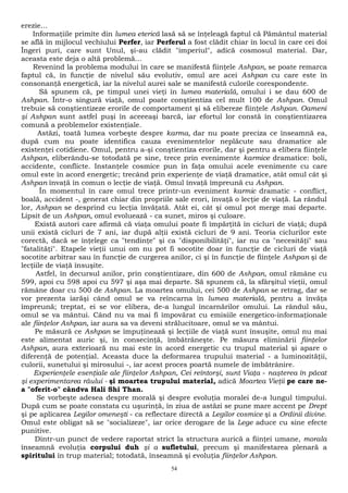 erezie... 
Informaţiile primite din lumea eterică lasă să se înţeleagă faptul că Pământul material 
se află în mijlocul vechiului Perfer, iar Perferul a fost clădit chiar în locul în care cei doi 
Îngeri puri, care sunt Unul, şi-au clădit "imperiul", adică cosmosul material. Dar, 
aceasta este deja o altă problemă... 
Revenind la problema modului în care se manifestă fiinţele Ashpan, se poate remarca 
faptul că, în funcţie de nivelul său evolutiv, omul are acei Ashpan cu care este în 
consonanţă energetică, iar la nivelul aurei sale se manifestă culorile corespondente. 
Să spunem că, pe timpul unei vieţi în lumea materială, omului i se dau 600 de 
Ashpan. Într-o singură viaţă, omul poate conştientiza cel mult 100 de Ashpan. Omul 
trebuie să conştientizeze erorile de comportament şi să elibereze fiinţele Ashpan. Oameni 
şi Ashpan sunt astfel puşi în aceeeaşi barcă, iar efortul lor constă în conştientizarea 
comună a problemelor existenţiale. 
Astăzi, toată lumea vorbeşte despre karma, dar nu poate preciza ce înseamnă ea, 
după cum nu poate identifica cauza evenimentelor neplăcute sau dramatice ale 
existenţei cotidiene. Omul, pentru a-şi conştientiza erorile, dar şi pentru a elibera fiinţele 
Ashpan, eliberându-se totodată pe sine, trece prin evenimente karmice dramatice: boli, 
accidente, conflicte. Instanţele cosmice pun în faţa omului acele evenimente cu care 
omul este în acord energetic; trecând prin experienţe de viaţă dramatice, atât omul cât şi 
Ashpan învaţă în comun o lecţie de viaţă. Omul învaţă împreună cu Ashpan. 
În momentul în care omul trece printr-un eveniment karmic dramatic - conflict, 
boală, accident -, generat chiar din propriile sale erori, învaţă o lecţie de viaţă. La rândul 
lor, Ashpan se desprind cu lecţia învăţată. Atât ei, cât şi omul pot merge mai departe. 
Lipsit de un Ashpan, omul evoluează - ca sunet, miros şi culoare. 
Există autori care afirmă că viaţa omului poate fi împărţită în cicluri de viaţă; după 
unii există cicluri de 7 ani, iar după alţii există cicluri de 9 ani. Teoria ciclurilor este 
corectă, dacă se înţelege ca "tendinţe" şi ca "disponibilităţi", iar nu ca "necesităţi" sau 
"fatalităţi". Etapele vieţii unui om nu pot fi socotite doar în funcţie de cicluri de viaţă 
socotite arbitrar sau în funcţie de curgerea anilor, ci şi în funcţie de fiinţele Ashpan şi de 
lecţiile de viaţă însuşite. 
Astfel, în decursul anilor, prin conştientizare, din 600 de Ashpan, omul rămâne cu 
599, apoi cu 598 apoi cu 597 şi aşa mai departe. Să spunem că, la sfârşitul vieţii, omul 
rămâne doar cu 500 de Ashpan. La moartea omului, cei 500 de Ashpan se retrag, dar se 
vor prezenta iarăşi când omul se va reîncarna în lumea materială, pentru a învăţa 
împreună; treptat, ei se vor elibera, de-a lungul încarnărilor omului. La rândul său, 
omul se va mântui. Când nu va mai fi împovărat cu emisiile energetico-informaţionale 
ale fiinţelor Ashpan, iar aura sa va deveni strălucitoare, omul se va mântui. 
Pe măsură ce Ashpan se împuţinează şi lecţiile de viaţă sunt însuşite, omul nu mai 
este alimentat auric şi, în consecinţă, îmbătrâneşte. Pe măsura eliminării fiinţelor 
Ashpan, aura exterioară nu mai este în acord energetic cu trupul material şi apare o 
diferenţă de potenţial. Aceasta duce la deformarea trupului material - a luminozităţii, 
culorii, sunetului şi mirosului -, iar acest proces poartă numele de îmbătrânire. 
Experienţele esenţiale ale fiinţelor Ashpan, Cei reîntorşi, sunt Viaţa - naşterea în păcat 
şi experimentarea răului - şi moartea trupului material, adică Moartea Vieţii pe care ne-a 
"oferit-o" cândva Hali Shi Than. 
Se vorbeşte adesea despre morală şi despre evoluţia moralei de-a lungul timpului. 
După cum se poate constata cu uşurinţă, în ziua de astăzi se pune mare accent pe Drept 
şi pe aplicarea Legilor omeneşti - ca reflectare directă a Legilor cosmice şi a Ordinii divine. 
Omul este obligat să se "socializeze", iar orice derogare de la Lege aduce cu sine efecte 
punitive. 
Dintr-un punct de vedere raportat strict la structura aurică a fiinţei umane, morala 
înseamnă evoluţia corpului duh şi a sufletului, precum şi manifestarea plenară a 
spiritului în trup material; totodată, înseamnă şi evoluţia fiinţelor Ashpan. 
54 
 