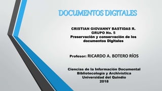 CRISTIAN GIOVANNY BASTIDAS R.
GRUPO No. 5
Preservación y conservación de los
documentos Digitales
Profesor: RICARDO A. BOTERO RÍOS
Ciencias de la Información Documental
Bibliotecología y Archivística
Universidad del Quindío
2018
 