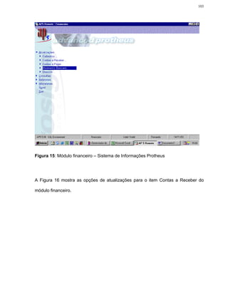 103




Figura 15: Módulo financeiro – Sistema de Informações Protheus




A Figura 16 mostra as opções de atualizações para o item Contas a Receber do

módulo financeiro.
 