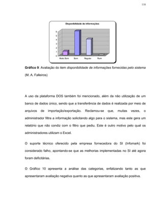 118




                                  Disponibilidade de informações


                         6

                         5
                         4

                         3

                         2
                         1

                         0
                             Muito Bom   Bom      Regular     Ruim



Gráfico 9: Avaliação do item disponibilidade de informações fornecidas pelo sistema

(M. A. Falleiros)




A uso da plataforma DOS também foi mencionado, além da não utilização de um

banco de dados único, sendo que a transferência de dados é realizada por meio de

arquivos   de       importação/exportação.         Reclamou-se       que,   muitas   vezes,    o

administrador filtra a informação solicitando algo para o sistema, mas este gera um

relatório que não condiz com o filtro que pediu. Este é outro motivo pelo qual os

administradores utilizam o Excel.


O suporte técnico oferecido pela empresa fornecedora do SI (Infomark) foi

considerado falho, apontando-se que as melhorias implementadas no SI até agora

foram deficitárias.


O Gráfico 10 apresenta a análise das categorias, enfatizando tanto as que

apresentaram avaliação negativa quanto as que apresentaram avaliação positiva.
 