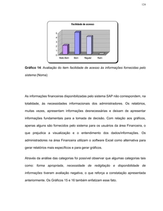 124




                                      Facilidade de acesso


                      5
                      4
                      3
                      2
                      1
                      0
                          Muito Bom     Bom      Regular     Ruim



Gráfico 14: Avaliação do item facilidade de acesso às informações fornecidas pelo

sistema (Noma)




As informações financeiras disponibilizadas pelo sistema SAP não correspondem, na

totalidade, às necessidades informacionais dos administradores. Os relatórios,

muitas vezes, apresentam informações desnecessárias e deixam de apresentar

informações fundamentais para a tomada de decisão. Com relação aos gráficos,

apenas alguns são fornecidos pelo sistema para os usuários da área Financeira, o

que prejudica a visualização e o entendimento dos dados/informações. Os

administradores na área Financeira utilizam o software Excel como alternativa para

gerar relatórios mais específicos e para gerar gráficos.


Através da análise das categorias foi possível observar que algumas categorias tais

como: forma apropriada, necessidade de redigitação e disponibilidade de

informações tiveram avaliação negativa, o que reforça a constatação apresentada

anteriormente. Os Gráficos 15 e 16 também enfatizam esse fato.
 