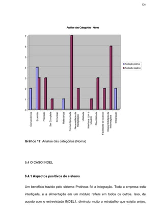 126




                                                                                Análise das Categorias - Noma


7



6



5

                                                                                                                                                                                                                            Avaliação positiva
4                                                                                                                                                                                                                           Avaliação negativa



3



2



1



0
                                                                                                                                 Interface com o
                                         Ser Completa




                                                                                                                                                                                          Disponibilidade de
                                                                                 Forma Apropriada




                                                                                                                     Utilidade




                                                                                                                                                   Flexibilidade




                                                                                                                                                                                                               Integração
                   Exatidão




                                                                                                                                                                   Facilidade de Acesso
                              Precisão




                                                        Concisão




                                                                                                    Necessidade de
    Conveniência




                                                                   Relevância




                                                                                                     Redigitação




                                                                                                                                                                                             Informações
                                                                                                                                     Usuário




Gráfico 17: Análise das categorias (Noma)




6.4 O CASO INDEL



6.4.1 Aspectos positivos do sistema


Um benefício trazido pelo sistema Protheus foi a integração. Toda a empresa está

interligada, e a alimentação em um módulo reflete em todos os outros. Isso, de

acordo com o entrevistado INDEL1, diminuiu muito o retrabalho que existia antes,
 