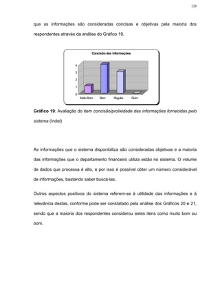 128




que as informações são consideradas concisas e objetivas pela maioria dos

respondentes através da análise do Gráfico 19.



                                 Concisão das informações


                     4

                     3

                     2

                     1

                     0
                         Muito Bom   Bom      Regular       Ruim



Gráfico 19: Avaliação do item concisão/prolixidade das informações fornecidas pelo

sistema (Indel)




As informações que o sistema disponibiliza são consideradas objetivas e a maioria

das informações que o departamento financeiro utiliza estão no sistema. O volume

de dados que processa é alto, e por isso é possível obter um número considerável

de informações, bastando saber buscá-las.


Outros aspectos positivos do sistema referem-se à utilidade das informações e à

relevância destas, conforme pode ser constatado pela análise dos Gráficos 20 e 21,

sendo que a maioria dos respondentes considerou estes itens como muito bom ou

bom.
 