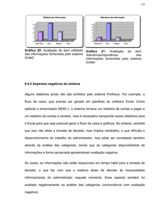 129



                 Utilidade das informações                        Relevância das informações


     4                                                 6
                                                       5
     3
                                                       4
     2                                                 3
                                                       2
     1
                                                       1
     0                                                 0
         Muito Bom   Bom       Regular       Ruim          Muito Bom   Bom      Regular    Ruim



Gráfico 20: Avaliação do item utilidade             Gráfico 21: Avaliação do item
das informações fornecidas pelo sistema             relevância/importância           das
(Indel)                                             informações fornecidas pelo sistema
                                                    (Indel)




6.4.2 Aspectos negativos do sistema


Alguns relatórios ainda não são emitidos pelo sistema Protheus. Por exemplo, o

fluxo de caixa, que precisa ser gerado em planilhas do software Excel. Como

salienta o entrevistado INDEL1, o sistema fornece um relatório de contas a pagar e

um relatório de contas a receber, mas é necessário transportar esses relatórios para

o Excel para que seja possível gerar o fluxo de caixa e gráficos. No entanto, acredita

que isso não afeta a tomada de decisão, mas implica retrabalho, o que dificulta o

desenvolvimento do trabalho do administrador. Isso pôde ser constatado também

através da análise das categorias, sendo que as categorias disponibilidade de

informações e forma apropriada apresentaram avaliação negativa.


Às vezes, as informações não estão disponíveis em tempo hábil para a tomada de

decisão, o que faz com que o sistema deixe de atender às necessidades

informacionais do administrador naquele momento. Esse aspecto também foi

avaliado negativamente na análise das categorias (conveniência com avaliação

negativa).
 