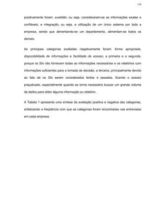 134




positivamente foram: exatidão, ou seja, consideraram-se as informações exatas e

confiáveis; e integração, ou seja, a utilização de um único sistema por toda a

empresa, sendo que alimentando-se um departamento, alimentam-se todos os

demais.


As principais categorias avaliadas negativamente foram: forma apropriada,

disponibilidade de informações e facilidade de acesso; a primeira e a segunda,

porque os SIs não fornecem todas as informações necessárias e os relatórios com

informações suficientes para a tomada de decisão; a terceira, principalmente devido

ao fato de os SIs serem considerados lentos e pesados, ficando o acesso

prejudicado, especialmente quando se torna necessário buscar um grande volume

de dados para obter alguma informação ou relatório.


A Tabela 1 apresenta uma síntese da avaliação positiva e negativa das categorias,

enfatizando a freqüência com que as categorias foram encontradas nas entrevistas

em cada empresa.
 