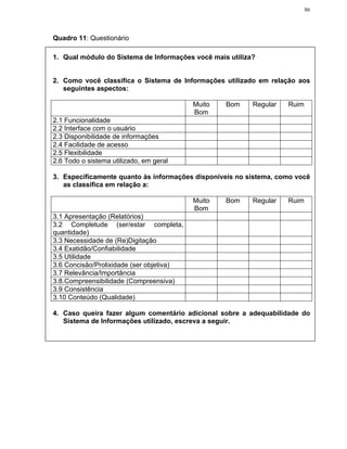 86




Quadro 11: Questionário

1. Qual módulo do Sistema de Informações você mais utiliza?


2. Como você classifica o Sistema de Informações utilizado em relação aos
   seguintes aspectos:

                                          Muito   Bom     Regular   Ruim
                                          Bom
2.1 Funcionalidade
2.2 Interface com o usuário
2.3 Disponibilidade de informações
2.4 Facilidade de acesso
2.5 Flexibilidade
2.6 Todo o sistema utilizado, em geral

3. Especificamente quanto às informações disponíveis no sistema, como você
   as classifica em relação a:

                                          Muito   Bom     Regular   Ruim
                                          Bom
3.1 Apresentação (Relatórios)
3.2 Completude (ser/estar completa,
quantidade)
3.3 Necessidade de (Re)Digitação
3.4 Exatidão/Confiabilidade
3.5 Utilidade
3.6 Concisão/Prolixidade (ser objetiva)
3.7 Relevância/Importância
3.8.Compreensibilidade (Compreensiva)
3.9 Consistência
3.10 Conteúdo (Qualidade)

4. Caso queira fazer algum comentário adicional sobre a adequabilidade do
   Sistema de Informações utilizado, escreva a seguir.
 