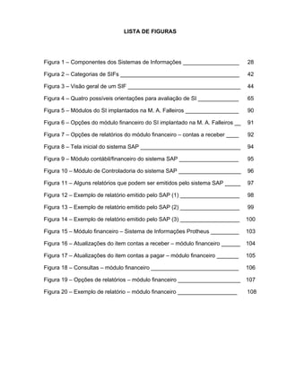 LISTA DE FIGURAS




Figura 1 – Componentes dos Sistemas de Informações __________________           28

Figura 2 – Categorias de SIFs ______________________________________            42

Figura 3 – Visão geral de um SIF ____________________________________           44

Figura 4 – Quatro possíveis orientações para avaliação de SI _____________      65

Figura 5 – Módulos do SI implantados na M. A. Falleiros _________________       90

Figura 6 – Opções do módulo financeiro do SI implantado na M. A. Falleiros __   91

Figura 7 – Opções de relatórios do módulo financeiro – contas a receber ____    92

Figura 8 – Tela inicial do sistema SAP ________________________________         94

Figura 9 – Módulo contábil/financeiro do sistema SAP ___________________        95

Figura 10 – Módulo de Controladoria do sistema SAP ____________________         96

Figura 11 – Alguns relatórios que podem ser emitidos pelo sistema SAP _____     97

Figura 12 – Exemplo de relatório emitido pelo SAP (1) ___________________       98

Figura 13 – Exemplo de relatório emitido pelo SAP (2) ___________________       99

Figura 14 – Exemplo de relatório emitido pelo SAP (3) ___________________       100

Figura 15 – Módulo financeiro – Sistema de Informações Protheus _________       103

Figura 16 – Atualizações do item contas a receber – módulo financeiro ______    104

Figura 17 – Atualizações do item contas a pagar – módulo financeiro _______     105

Figura 18 – Consultas – módulo financeiro ____________________________          106

Figura 19 – Opções de relatórios – módulo financeiro ____________________ 107

Figura 20 – Exemplo de relatório – módulo financeiro ___________________        108
 