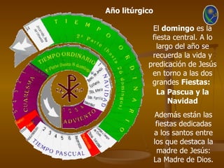 Año litúrgico

            El domingo es la
            fiesta central. A lo
              largo del año se
            recuerda la vida y
           predicación de Jesús
            en torno a las dos
            grandes Fiestas:
              La Pascua y la
                  Navidad
                Además están las
                 fiestas dedicadas
                a los santos entre
                los que destaca la
                 madre de Jesús:
                La Madre de Dios.
 