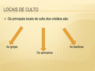 Os principais locais de culto dos cristãos são:
As igrejas As basílicas
Os santuários
 