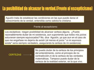 Agustín trata de establecer las condiciones en las que puede darse el
conocimiento de la verdad, entendida como sabiduría cristiana.
Frente al escepticismo
Los escépticos niegan posibilidad de alcanzar certeza alguna. :¿Puedo
razonablemente dudar de mi existencia, aun suponiendo que todos mis juicios
estuvieran siempre equivocados? No, dice Agustín, ya que aun en el caso de
que me engañase no dejaría de existir (al menos el juicio " si mi equivoco
existe" sería siempre verdadero, asegurando la certeza de mi existencia).
No puedo dudar de la certeza de los principios
del entendimiento, como el principio de no
contradicción,ni de la certeza de las verdades
matemáticas. Tampoco puedo dudar de la
certeza de la realidad exterior, en la que vivo..
CERTEZAS
 