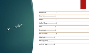 Frotenaita………………………3
Free fire…………………………4
FiFa21………………..................5
Call of Duty…………………….6
Gta5…………….......................7
Brawl sart………………………8
Nfs no limits……………………9
8ball pol……………………10
Manequefete…………….11
drift for Max……………..12
 