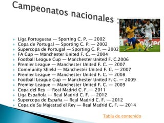  Liga Portuguesa — Sporting C. P. — 2002
 Copa de Portugal — Sporting C. P. — 2002
 Supercopa de Portugal — Sporting C. P. — 2002
 FA Cup — Manchester United F. C. — 2004
 Football League Cup — Manchester United F. C.2006
 Premier League — Manchester United F. C. — 2007
 Community Shield — Manchester United F. C. — 2007
 Premier League — Manchester United F. C. — 2008
 Football League Cup — Manchester United F. C. — 2009
 Premier League — Manchester United F. C. — 2009
 Copa del Rey — Real Madrid C. F. — 2011
 Liga Española — Real Madrid C. F. — 2012
 Supercopa de España — Real Madrid C. F. — 2012
 Copa de Su Majestad el Rey — Real Madrid C. F. — 2014
Tabla de contenido
 