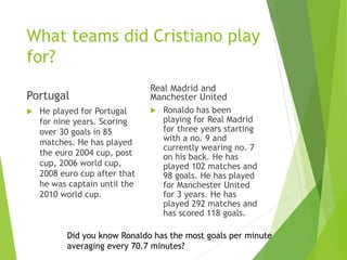 What teams did Cristiano play
for?
Portugal
 He played for Portugal
for nine years. Scoring
over 30 goals in 85
matches. He has played
the euro 2004 cup, post
cup, 2006 world cup,
2008 euro cup after that
he was captain until the
2010 world cup.
Real Madrid and
Manchester United
 Ronaldo has been
playing for Real Madrid
for three years starting
with a no. 9 and
currently wearing no. 7
on his back. He has
played 102 matches and
98 goals. He has played
for Manchester United
for 3 years. He has
played 292 matches and
has scored 118 goals.
Did you know Ronaldo has the most goals per minute
averaging every 70.7 minutes?
 