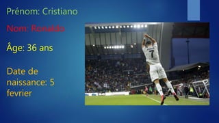 Prénom: Cristiano
Nom: Ronaldo
Date de
naissance: 5
fevrier
Âge: 36 ans
 