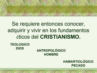 Se requiere entonces conocer,
adquirir y vivir en los fundamentos
éticos del CRISTIANISMO.
TEOLOGICO
DIOS
ANTROPOLÓGICO
HO...