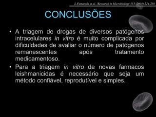 CONCLUSÕES A triagem de drogas de diversos patógenos intracelulares  in vitro  é muito complicada por dificuldades de avaliar o número de patógenos remanescentes após tratamento medicamentoso. Para a triagem  in vitro  de novas farmacos leishmanicidas é necessário que seja um método confiável, reprodutível e simples. L.Fumarola et al. /Research in Microbiology 155 (2004) 224-230 