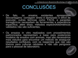 CONCLUSÕES De fato, os ensaios existentes apresentam desvantagens: contagem direta  é demorado e difícil de executar, outras técnicas como FACS, e parasitas transgênicos necessitam de ferramentas e experiência específica, além disso, métodos espectrofotométricos validados não são suficientes.  Os ensaios in vitro realizados com procedimentos padronizados representam a base para posteriores modelos de ensaios com animais, mas são necessários mais estudos para encontrar um método de assegurar resultados confiáveis, com os reagentes que não são tóxicos para culturas celulares e não são perigosos para o pessoal de laboratório. L.Fumarola et al. /Research in Microbiology 155 (2004) 224-230 