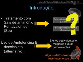 Introdução Tratamento com Sais de antimônio Pentavalentes (Sb 5 ) Antimoniato de meglumina (Glucantime) Stibogluconato de sódio (Pentostam) Uso de Amfotericina B deoxicolato (alternativo) ? Alguns efeitos tóxicos restringem o seu uso Efeitos equivalentes e melhores que os pentavalentes Journal of Antimicrobial Chemotherapy (2003) 52, 464–468 