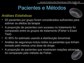 Pacientes e Métodos Análises Estatísticas 20 pacientes por grupo foram considerados suficientes para estimar os efeitos da terapia A proporção de pacientes com sucesso no tratamento foi comparado entre os grupos de tratamento (Fisher´s Exact Test) IC 95% foi estimado usando a distribuição binominal. Análise de segurança incluiu todos os pacientes que tinham tomado pelo menos uma dose da droga. A proporção de pacientes que mostraram reações adversas foi comparado pelo método de Fisher. Journal of Antimicrobial Chemotherapy (2003) 52, 464–468 