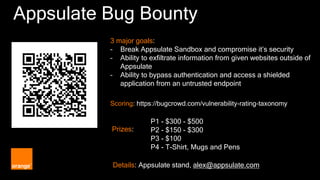 Appsulate Bug Bounty
3 major goals:
– Break Appsulate Sandbox and compromise it’s security
– Ability to exfiltrate information from given websites outside of
Appsulate
– Ability to bypass authentication and access a shielded
application from an untrusted endpoint
Scoring: https://bugcrowd.com/vulnerability-rating-taxonomy
Details: Appsulate stand, alex@appsulate.com
P1 - $300 - $500
P2 - $150 - $300
P3 - $100
P4 - T-Shirt, Mugs and Pens
Prizes:
 