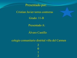 Presentado por:
    Cristian Javier torres contreras

               Grado: 11-B

              Presentado A:

              Álvaro Castillo

colegio comunitario distrital villa del Carmen
                      2
                      0
                      1
                      2
 