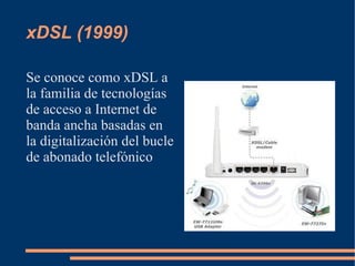 xDSL (1999)

Se conoce como xDSL a
la familia de tecnologías
de acceso a Internet de
banda ancha basadas en
la digitalización del bucle
de abonado telefónico
 