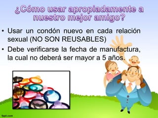 • Usar un condón nuevo en cada relación 
sexual (NO SON REUSABLES) 
• Debe verificarse la fecha de manufactura, 
la cual no deberá ser mayor a 5 años. 
 
