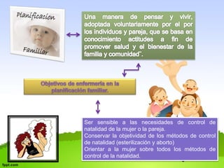 Ser sensible a las necesidades de control de 
natalidad de la mujer o la pareja. 
Conservar la objetividad de los métodos de control 
de natalidad (esterilización y aborto) 
Orientar a la mujer sobre todos los métodos de 
control de la natalidad. 
 