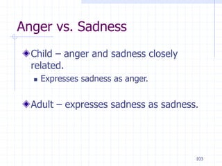 103
Anger vs. Sadness
Child – anger and sadness closely
related.
 Expresses sadness as anger.
Adult – expresses sadness as sadness.
 