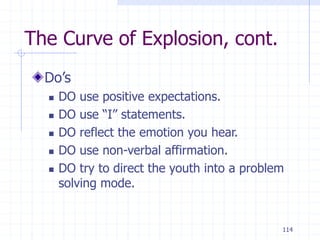 114
The Curve of Explosion, cont.
Do’s
 DO use positive expectations.
 DO use “I” statements.
 DO reflect the emotion you hear.
 DO use non-verbal affirmation.
 DO try to direct the youth into a problem
solving mode.
 