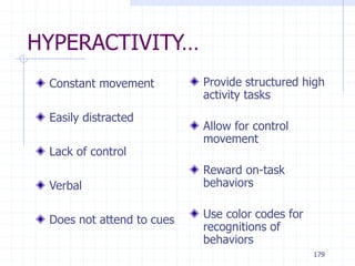 179
HYPERACTIVITY…
Constant movement
Easily distracted
Lack of control
Verbal
Does not attend to cues
Provide structured high
activity tasks
Allow for control
movement
Reward on-task
behaviors
Use color codes for
recognitions of
behaviors
 