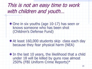 20
This is not an easy time to work
with children and youth…
One in six youths (age 10-17) has seen or
knows someone who has been shot
(Children’s Defense Fund)
At least 160,000 students skip class each day
because they fear physical harm (NEA)
In the last 10 years, the likelihood that a child
under 18 will be killed by guns rose almost
250% (FBI Uniform Crime Reports)*
 