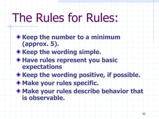 30
The Rules for Rules:
Keep the number to a minimum
(approx. 5).
Keep the wording simple.
Have rules represent you basic
expectations
Keep the wording positive, if possible.
Make your rules specific.
Make your rules describe behavior that
is observable.
 