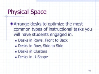 40
Physical Space
Arrange desks to optimize the most
common types of instructional tasks you
will have students engaged in.
 Desks in Rows, Front to Back
 Desks in Row, Side to Side
 Desks in Clusters
 Desks in U-Shape
 
