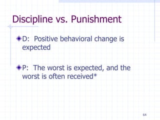 64
Discipline vs. Punishment
D: Positive behavioral change is
expected
P: The worst is expected, and the
worst is often received*
 